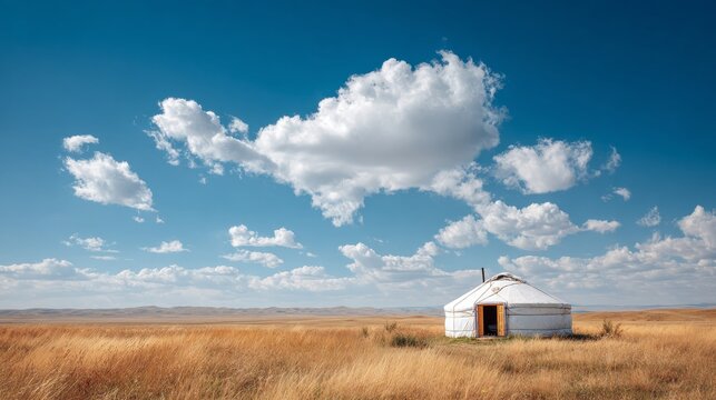 Traditional White Kazakh Yurt Stands Alone Across Golden Steppe Beneath Towering Summer Clouds and Expansive Sky