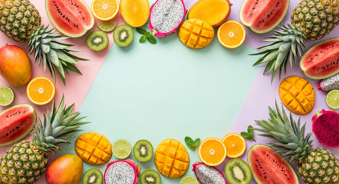 Colorful Fresh Tropical Fruits Border Frame Over Pastel Geometric Paper Background Design