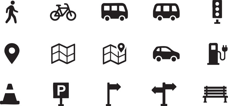 Transportation navigation icons set featuring pedestrian bicycle bus car traffic signs parking map location symbols solid vector illustration collection