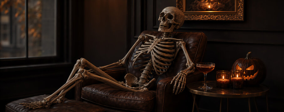Skeleton relaxing in leather armchair at home. Halloween holiday preparation with carved pumpkin, candle and cocktail. Spooky interior decoration for october celebration.