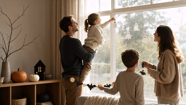 Family decorating house window for Halloween. Father lifts daughter to hang paper ghost while mother and son decorate with bat garland. Festive home preparation for autumn holiday.