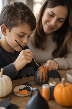 Woman and kid boy painting small pumpkin for Halloween. Family preparing house decoration at home. Creative craft activity with craft paint and bat wing handmade ornament hobby.