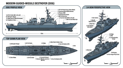 Modern Guided-Missile Destroyer Technical Infographic © Dhiyak Boneto