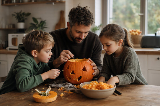 Father with boy and girl carving pumpkin for Halloween at home. Family preparing traditional decoration for autumn holiday. Creative activity, childhood fun and festive celebration concept.