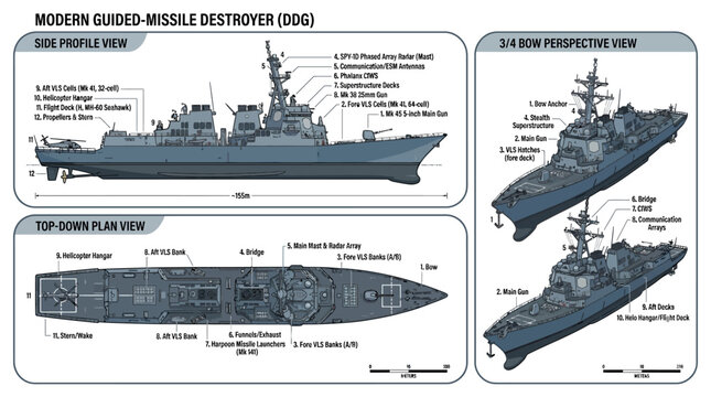 Modern Guided-Missile Destroyer Technical Infographic