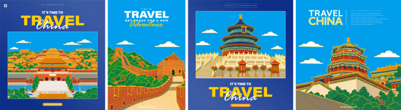 Vector illustrated post stamps of iconic travel landmarks in China. Summer Palace, Great Wall, Temple of Heaven, Forbidden City. Covers of Beijing for posters, background, icons, stickers, tourism.