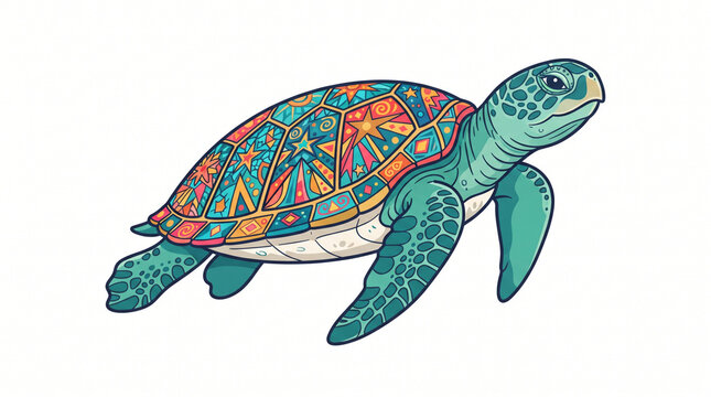 Colorful Sea Turtle Flat Vector Illustration &ndash; Decorative Shell Patterns with Clean Outlines Isolated on White Background