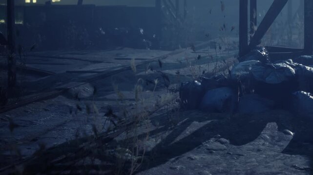 An old industrial setting shows a dark area with scattered debris and tall grass growing through cracks in the ground. Shadows stretch across the surface under dim light.