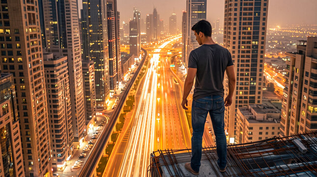 Young man standing on the edge of a skyscraper rooftop overlooking a modern metropolis with glowing traffic light trails at dusk, urban adventure concept