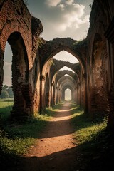 Naklejka premium Old red brick ruins feature tall arched corridors outdoors. Empty pathway leads through historic stone structure toward bright sunny entrance. Weathered mediaeval abbey walls overgrown with green