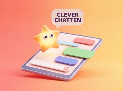 Verspieltes 3D-Maskottchen als Stern neben Tablet mit Chat-Blasen und Schriftzug clever chatten in Nahaufnahme