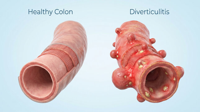3D Medical Illustration of Healthy Colon Versus Diverticulitis Disease