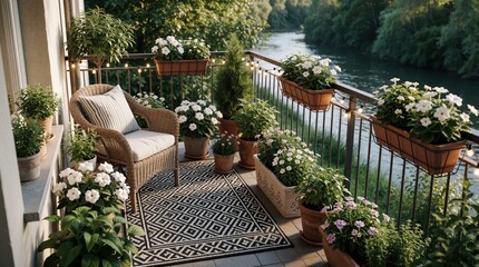 Obraz premium Cozy apartment balcony with wicker chair, striped cushion. Potted flowers, rich plants decorate small terrace. String lights glow near metal railing overlooking river view. Relaxing outdoor space for