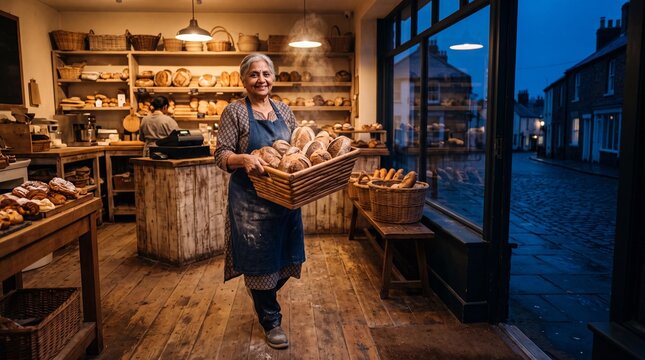 &Auml;ltere l&auml;chelnde B&auml;ckerin tr&auml;gt gro&szlig;en Brotkorb mit frischem Brot zur Theke in Totale bei blauer Stunde