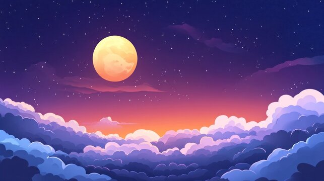 Full moon in night sky with stars and clouds. Starry heaven with moonlight romantic fantasy landscape, natural cloudscape scene background, midnight time, space view. Realistic 3d vector illustration