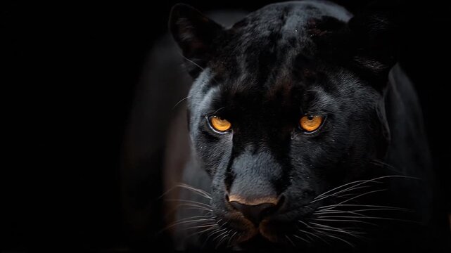 Frontal portrait of a black panther with orange eyes.