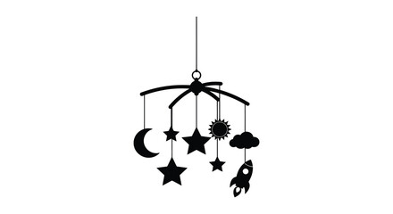 Fototapeta premium Black silhouette of a baby crib mobile with space themed shapes like stars moon and a rocket