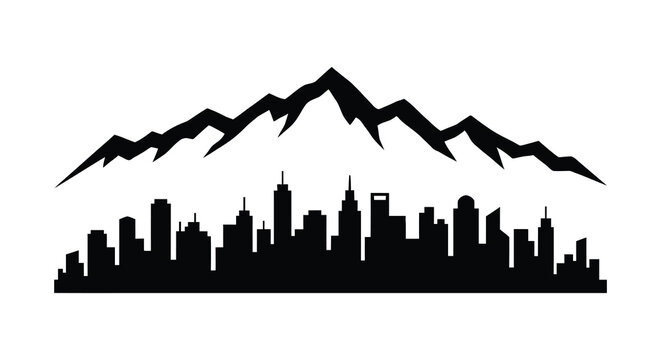 Black and white silhouette illustration of a modern city skyline set against a backdrop of mountain peaks