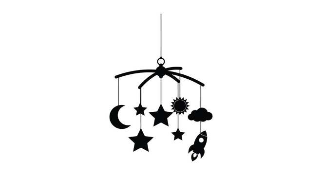 Black silhouette of a baby crib mobile with space themed shapes like stars moon and a rocket
