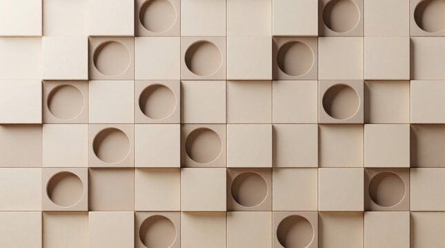 Beige wall panel with abstract geometric pattern. Modern tiles square, circle shapes in neutral color palette. Minimalist surface design creates three dimensional light shadows. Elegant interior