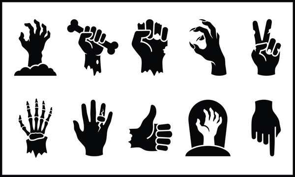 Halloween zombie hand monster gesture icon set. Zombie hand rising from ground, fist holding bone, monster claw, victory peace sign, skeleton hand, ring finger hand, thumbs up, tombstone hand, pointin