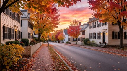 Fototapeta premium Quaint New England street lined with historic colonial homes and vibrant autumn trees. Colorful leaves carpet the brick sidewalk and road under a dramatic sunset sky.