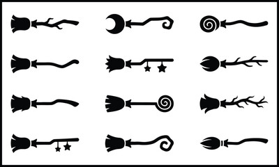 Magic witch broom flying besom icon set. Gnarled wooden broomstick, crescent moon wand broom, spiral handle broom, hanging stars broom, twiggy branch broom, curved witch broomstick