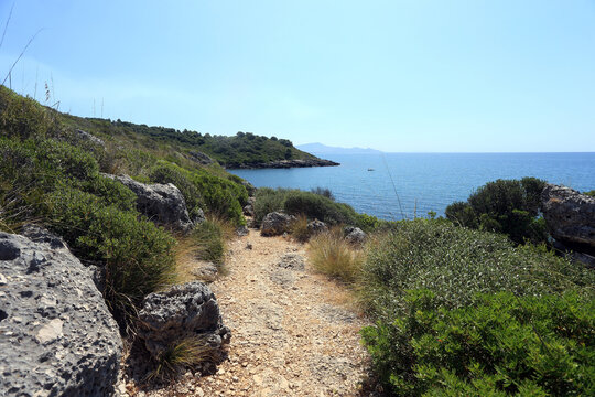Scenic view of the rocky coast and Mediterranean vegetation along the Porto Cofaniello trail in Gianola Park (Riviera di Ulisse), Italy