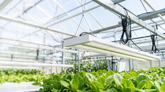Greenhouse with supplemental grow lights illuminating vibrant green lettuce crops. Indoor greenhouse features advanced grow lighting to enhance plant growth and development.