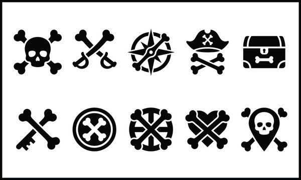 Pirate skull crossbones element icon set. Skull, crossed swords, compass, pirate hat, treasure chest, key, ship wheel, map pin