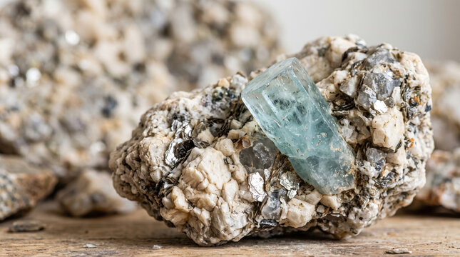 Beryl crystal in pegmatite rock showing unique textures and mineral formations. Beryl crystal stands out against surrounding minerals in pegmatite, highlighting geological beauty.
