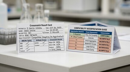 Obraz premium Crossmatch result card resting beside a folded compatibility interpretation guide, blood typing and immunohematology laboratory concept