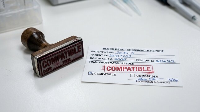 Crossmatch compatibility stamp resting beside a completed result card, blood typing and immunohematology laboratory concept