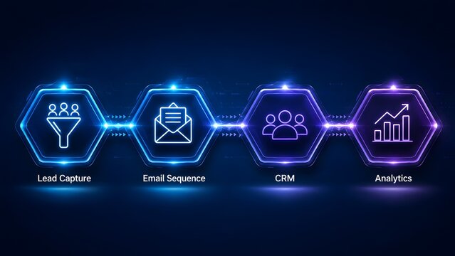 Glowing digital marketing automation process from lead capture and email sequence to CRM and analytics on futuristic background