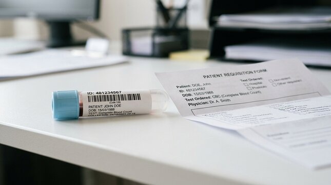 Sample tube label printed with a barcode resting beside a folded requisition form, blood bank inventory management concept