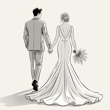 Newly married couple walks away holding hands. Bride in elegant gown carries bouquet groom in suit. Line art wedding illustration signifies love commitment and new beginnings together.