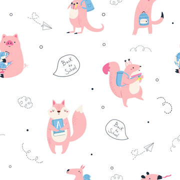 Cute back to school seamless pattern with squirrel, fox, pig, kangaroo and anteater