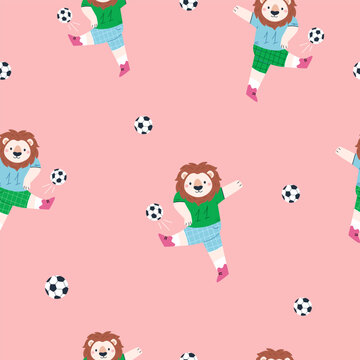 Seamless pattern with adorable lion. Football player sports character, vector background