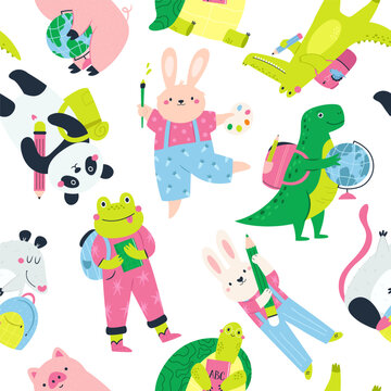 Cute animal students, seamless pattern with panda, t-rex, rabbit, frog