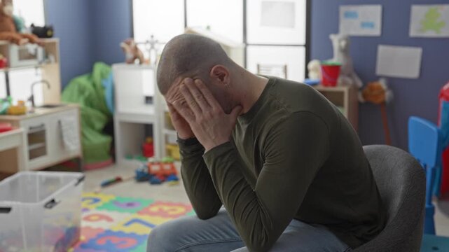 Man covers face with hands amid scattered toys in a building kindergarten playroom, seated on a chair; parenting exhaustion.