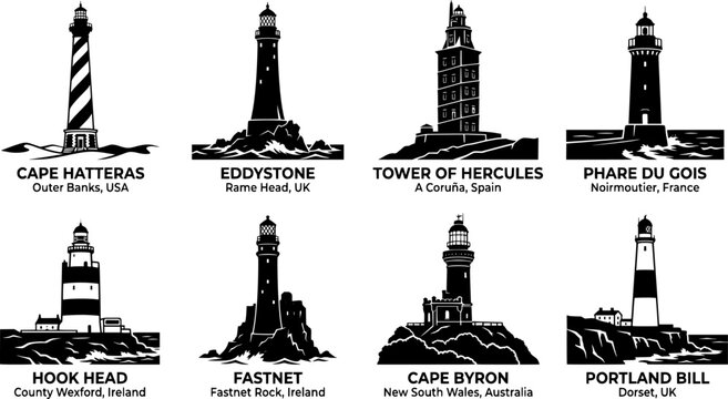 World Famous Lighthouse Silhouette Collection Cape Hatteras Eddystone Tower of Hercules Hook Head Fastnet Cape Byron Portland Bill Architecture Vector