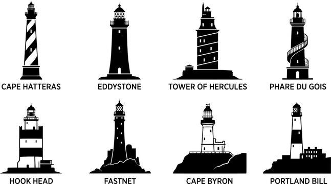 World Famous Lighthouse Silhouette Collection Cape Hatteras Eddystone Tower of Hercules Hook Head Fastnet Cape Byron Portland Bill Architecture Vector