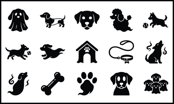 Halloween cute ghost dog icon set. Ghost dog costume, dachshund, poodle ghost, dog playing ball, dog house, collar leash, howling wolf, bone, paw print