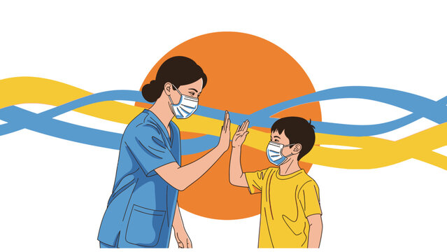 Healthcare worker in face mask high-fiving a young boy in a mask, symbolizing care, safety, and hope during a pandemic. Doctor and child interaction.