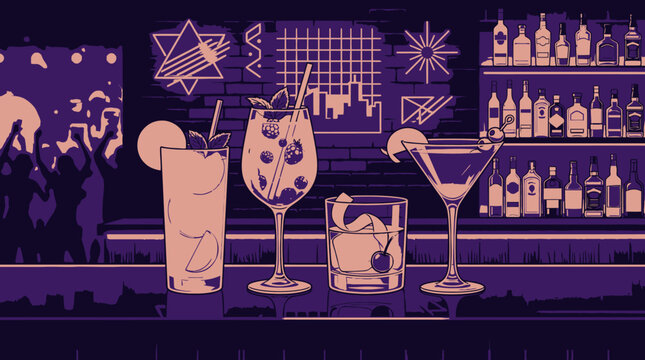 Four colorful cocktails on a bar counter with a crowd dancing in the background, nightlife concept