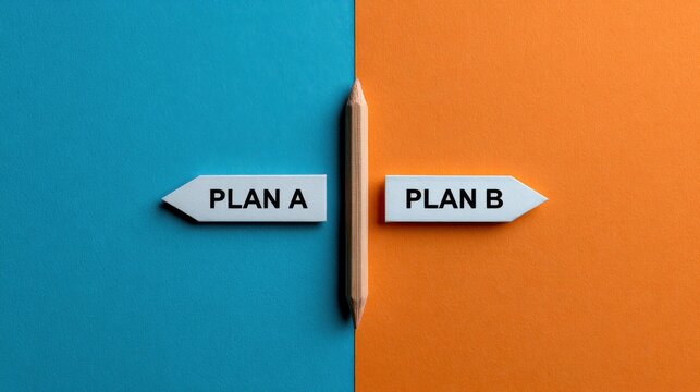 A pencil separates two directional arrows labeled Plan A and Plan B. This illustrates strategic business decision.
