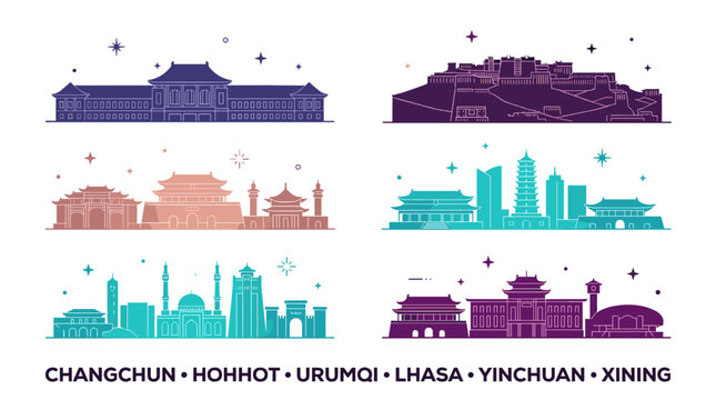 Chinese city skyline silhouette collection in colorful gradient line art vector illustration featuring Changchun, Hohhot, Urumqi, Lhasa, Yinchuan and Xining