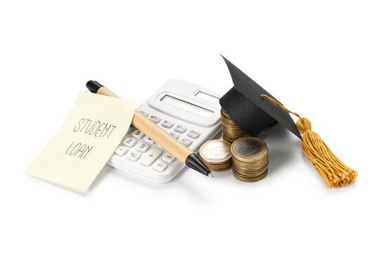 Money with graduation hat, calculator and STUDENT LOAN note on white background