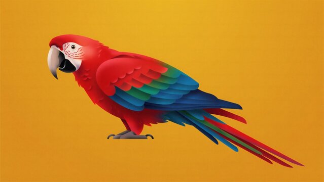 Vibrant red and blue macaw parrot bird illustration on yellow with feathers yellow background displays colorful macaw