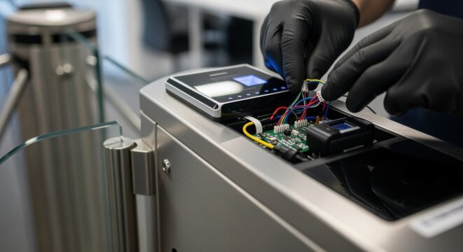 Closeup of wiring and sensor connections during installation of a biometric reader on automated turnstile gate in a techsavvy office.